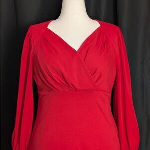 Belle Poque Red V-Neck Ruched Long Sleeve Blouse